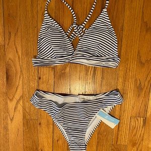Size small two piece white/blue striped swimsuit never worn